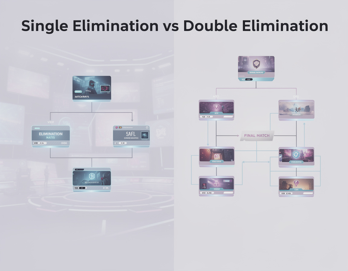 Ilustrasi single elimination vs double elimination untuk turnamen game online cas88 dengan bracket dan room match
